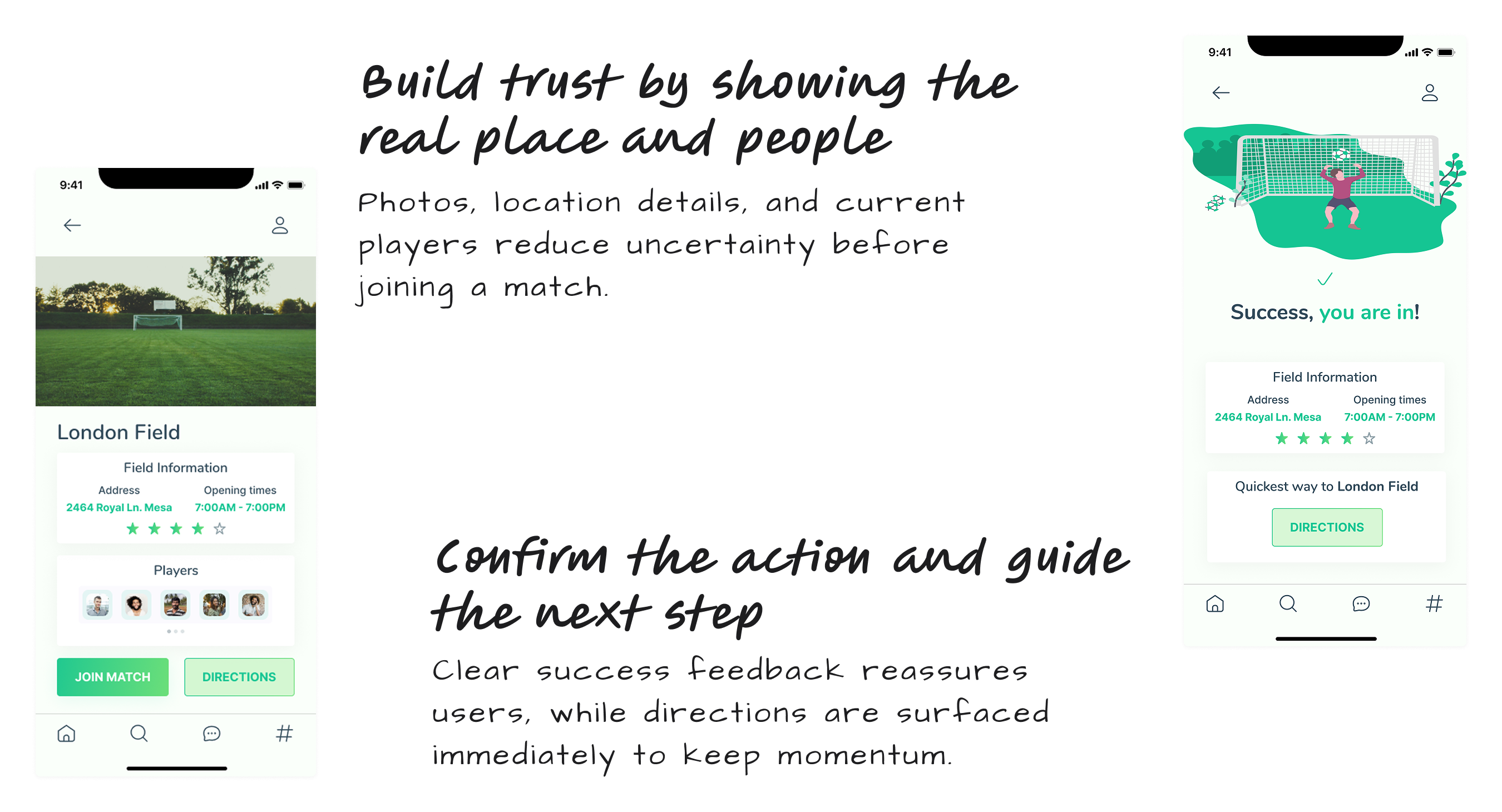 Sporty app screen showing match details and player list